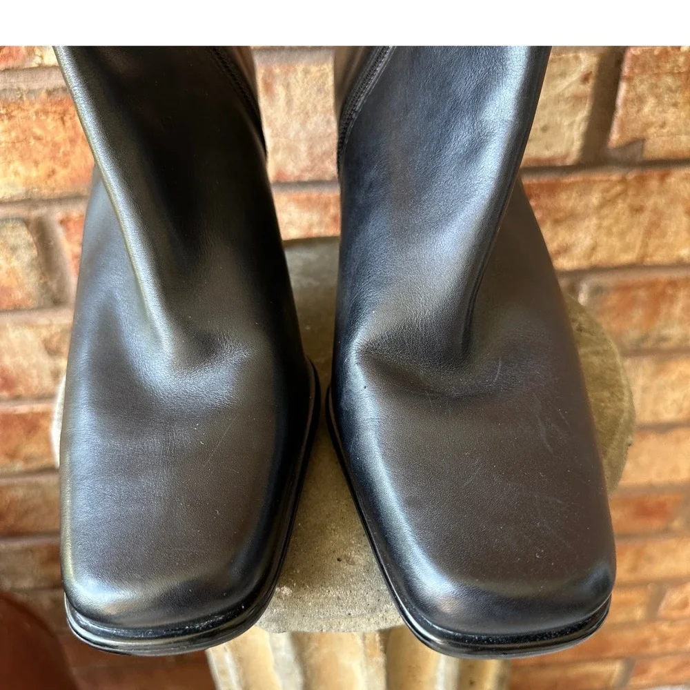 Black Leather Square Toe Block Heel Ankle Boots Size 10M Witchy 90s Classy